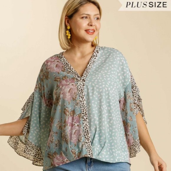 Umgee Full Size Boxy Cut Split Neck Floral Print Top Plus Size